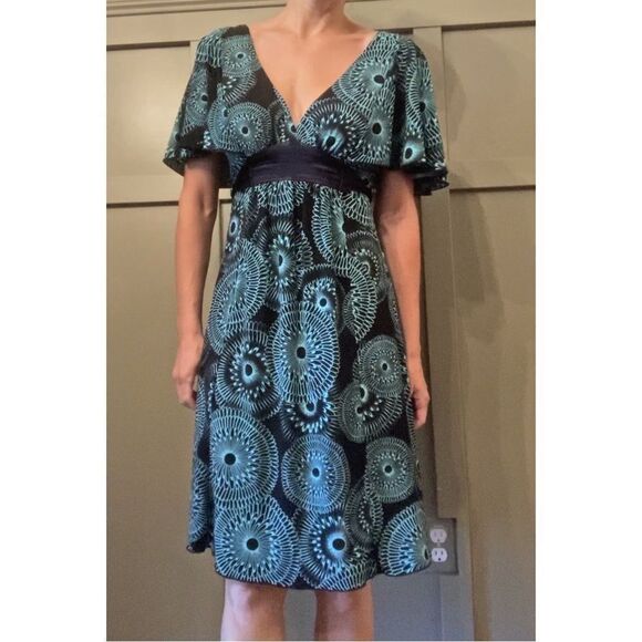 MY Michelle Y2K Deep V-Neck Flutter Sleeve Printed Dress Black & Teal Size Small - Picture 3 of 11